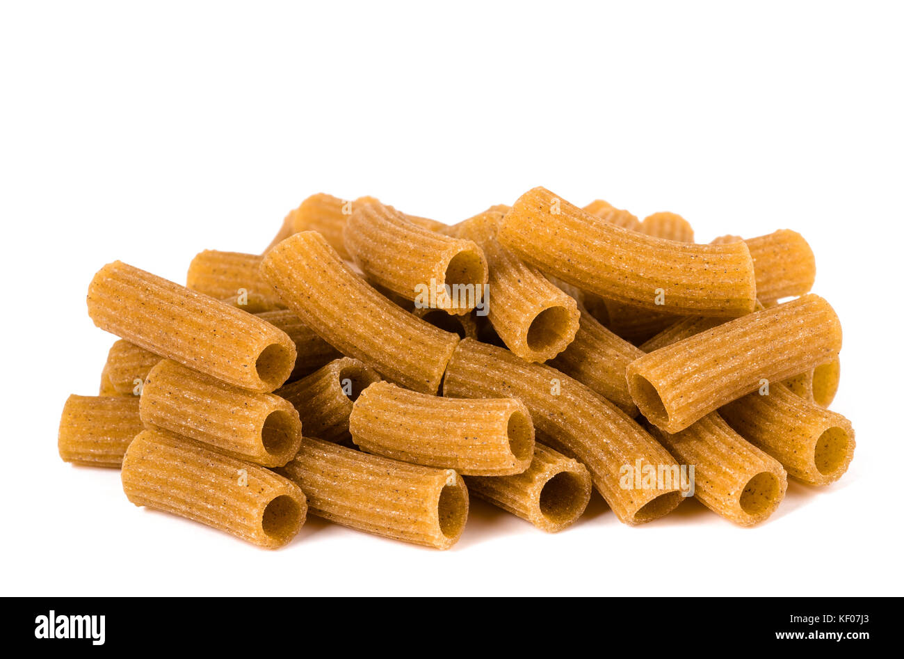Rustic rigatoni pasta isolated on white background Stock Photo