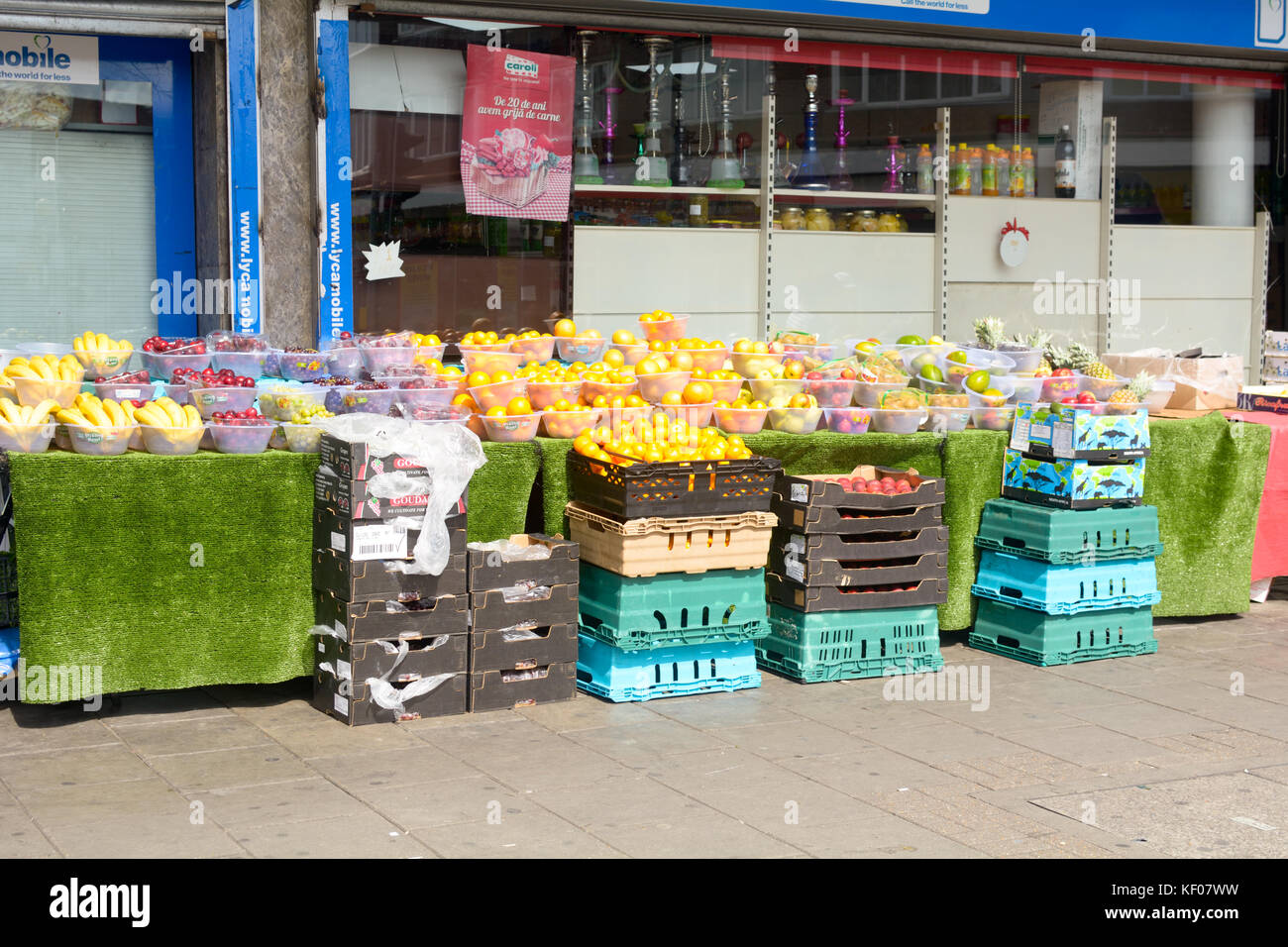 Fruit and vegetables for sale outside Polish shop in Bedford, Bedfordshire, England Stock Photo