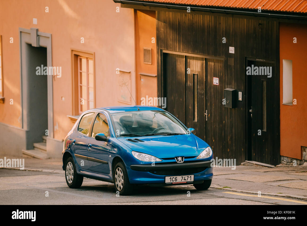 Cesky Krumlov, Czech Republic - September 26, 2017: Blue Color Peugeot 206 Parking On Street Stock Photo