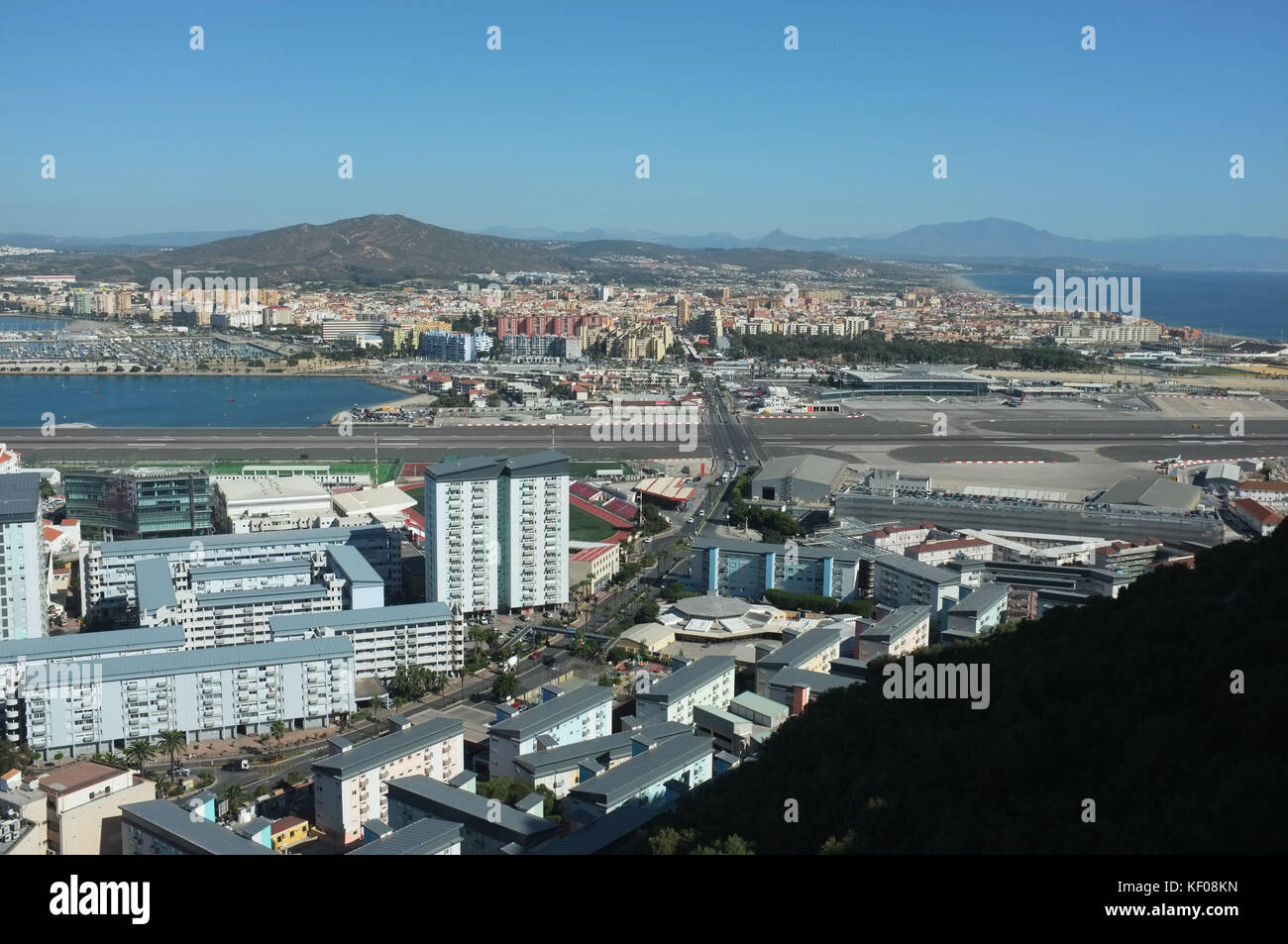 View of La Linea de la Conception, Victoria Stadium and Gibraltar airport from the Moorish castle, Gibraltar, September 2017 Stock Photo