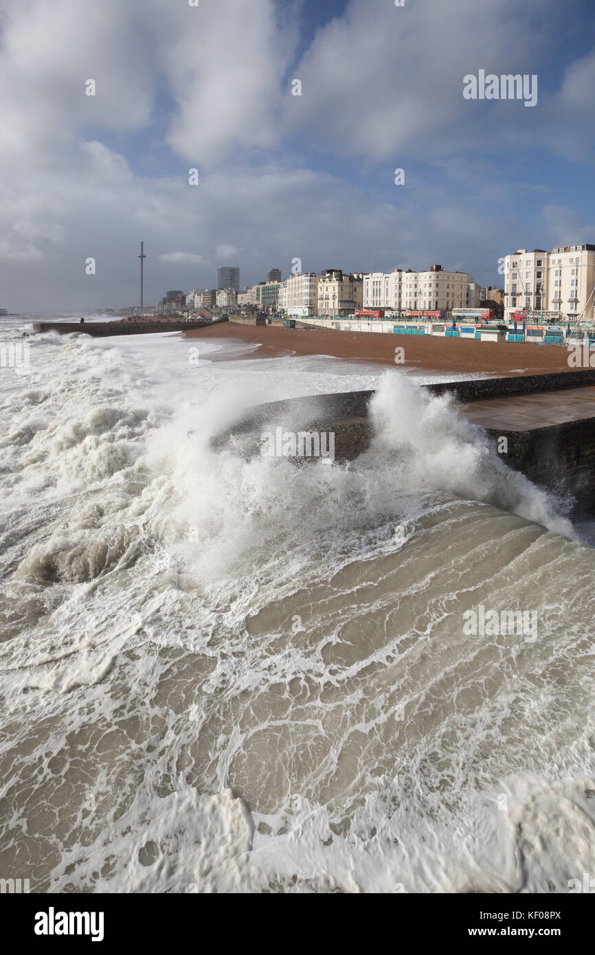 Brighton seafront - waves crashing on groyne on a stormy day. (Storm Brian) Stock Photo