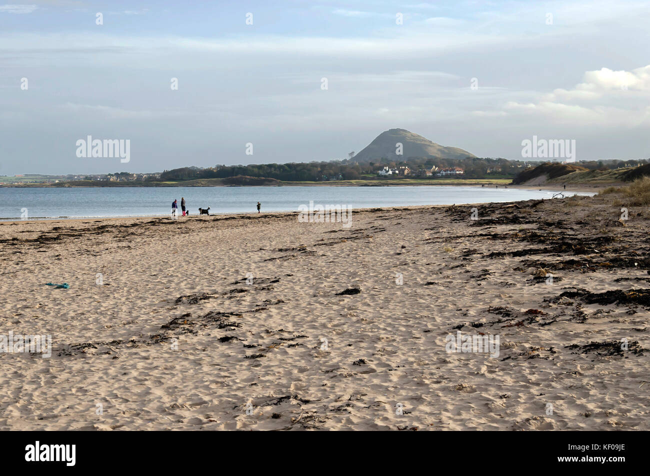Beach near North Berwick in East Lothian, Scotland with the hill North Berwick Law in the background. Stock Photo