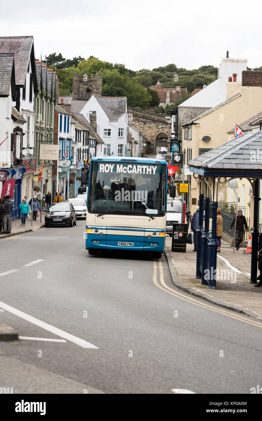 Conwy town high street scene with bus Stock Photo