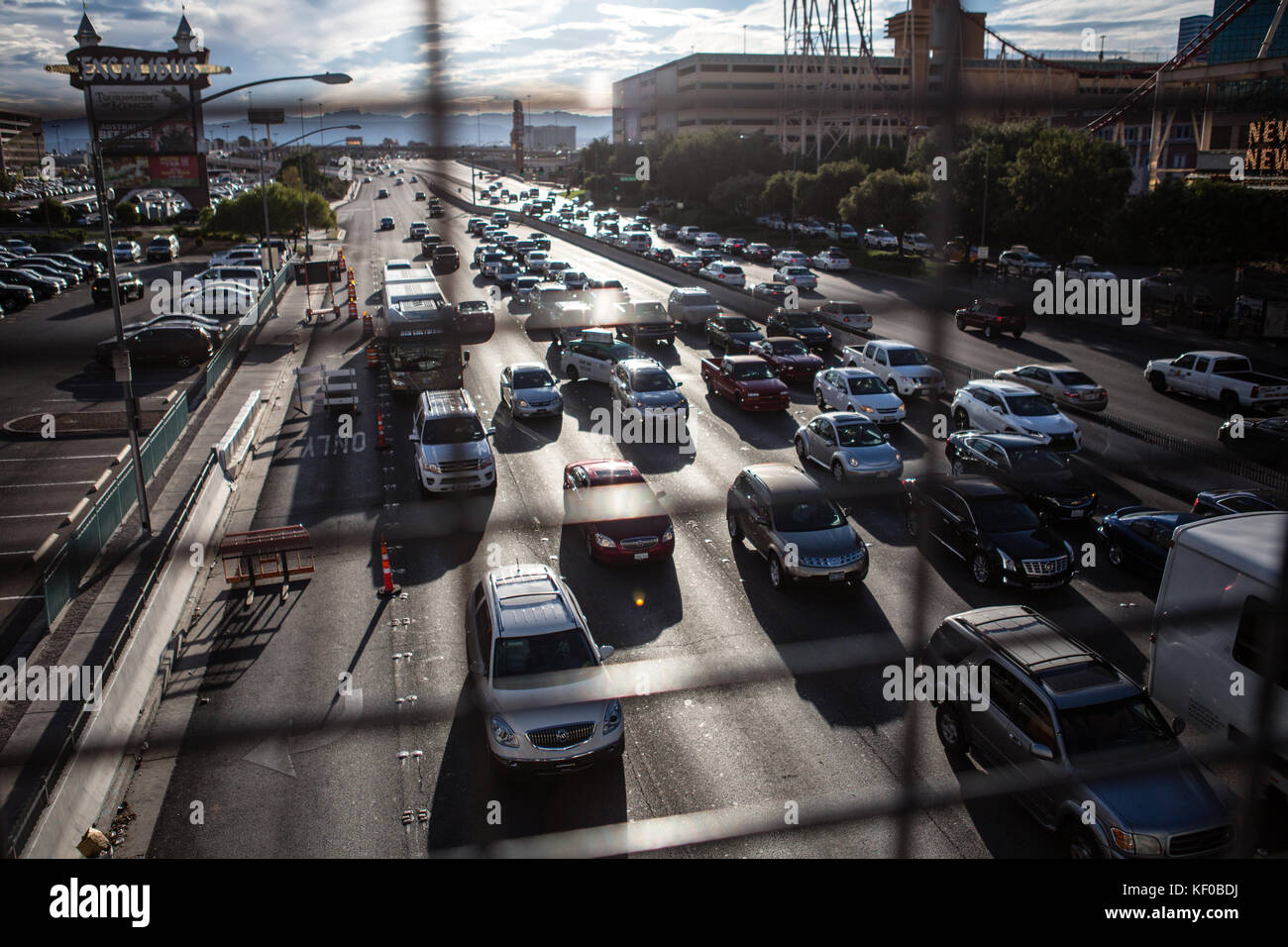 Looking down on a crowded highway from a footbridge in Las Vegas where the  traffic jam has brought cars and vehciles to a stand still Stock Photo -  Alamy