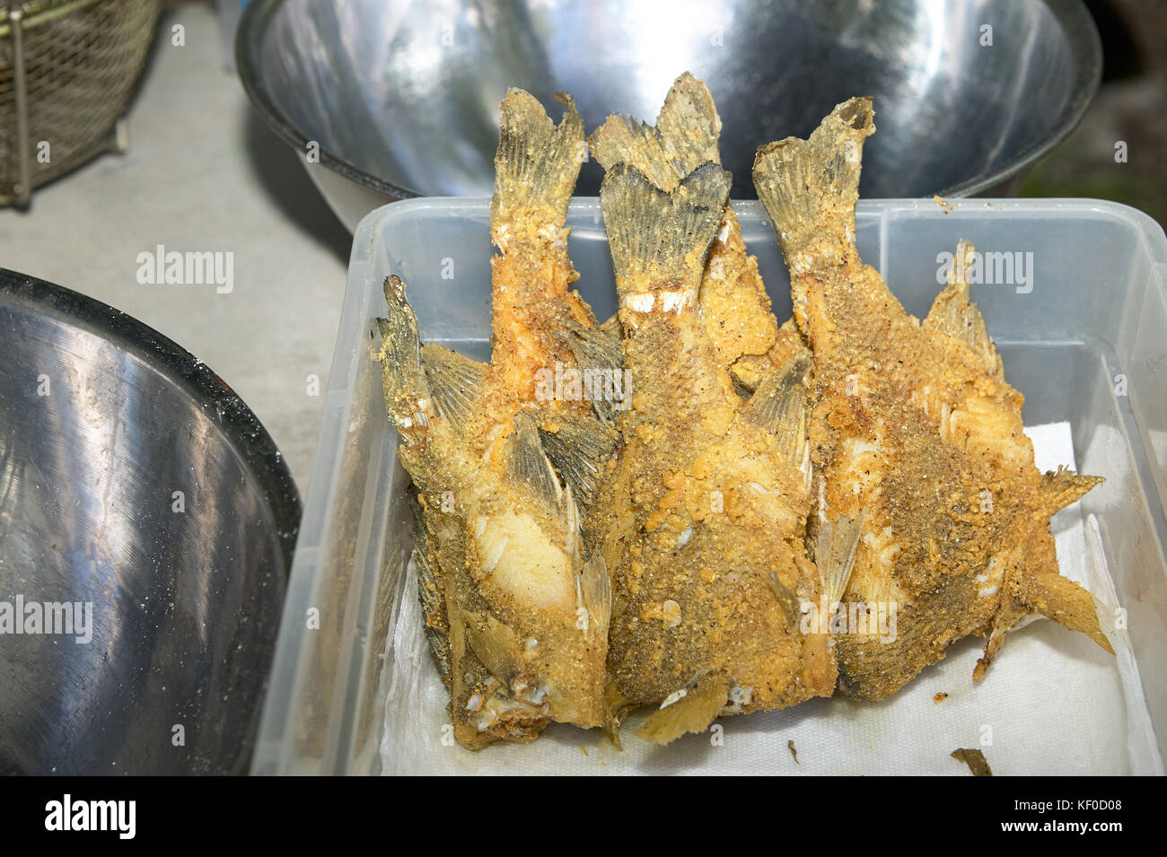 Crispy fried fish lying in plastic bowl Stock Photo Alamy