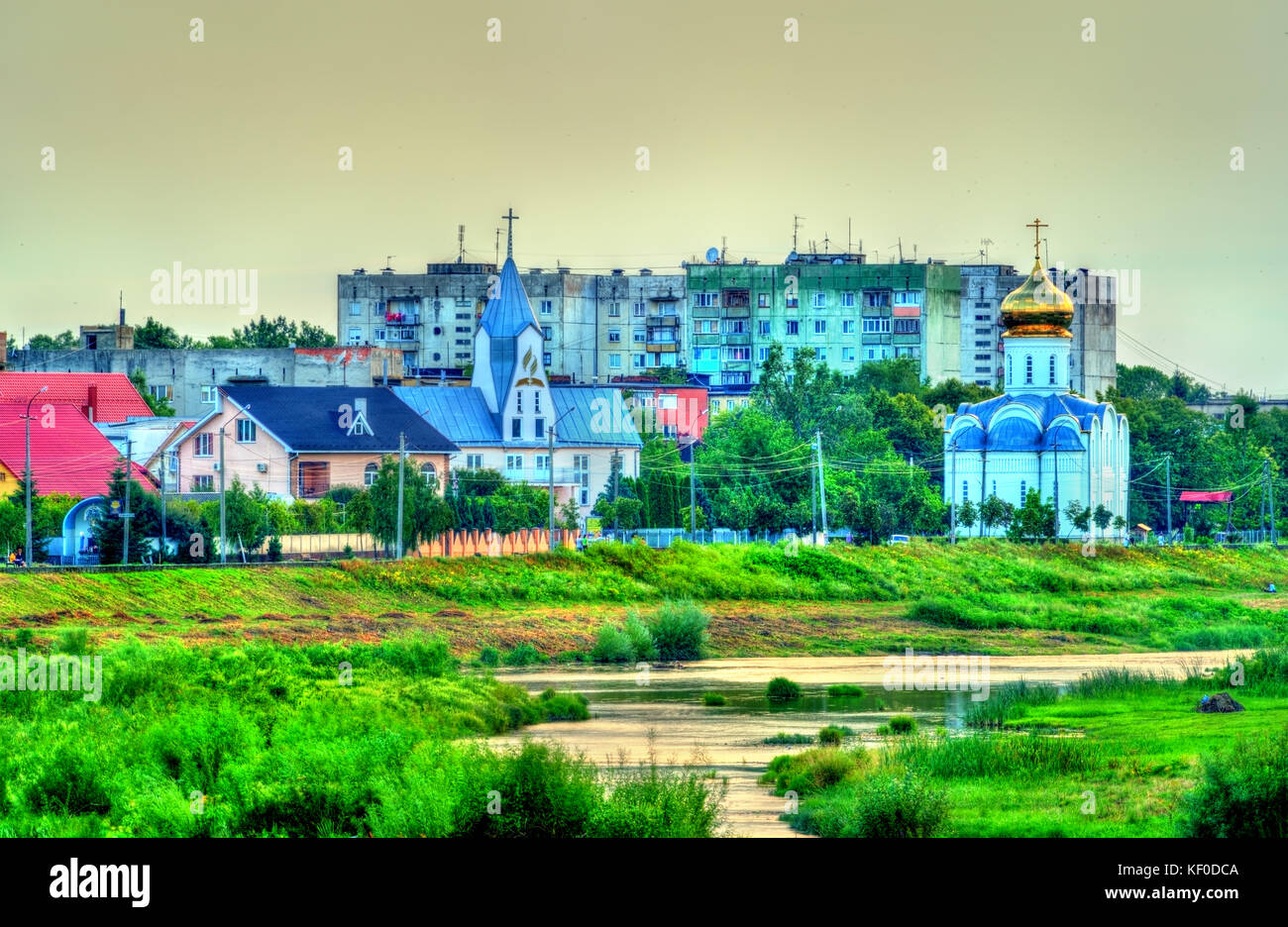 View of Mukachevo town with churches, Ukraine Stock Photo