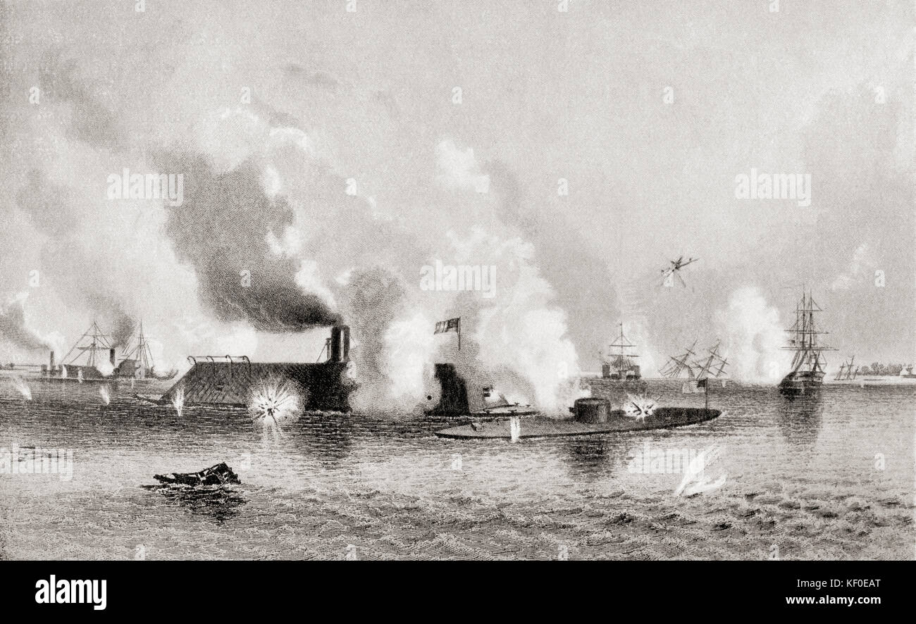 Bombardment and capture of Island Number Ten on the Mississippi River, April 7, 1862 during the American Civil War.  From Hutchinson's History of the Nations, published 1915. Stock Photo