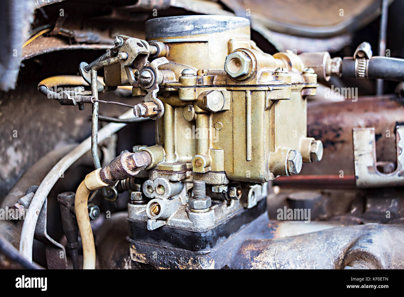 Old carburetor on an car engine Stock Photo Alamy