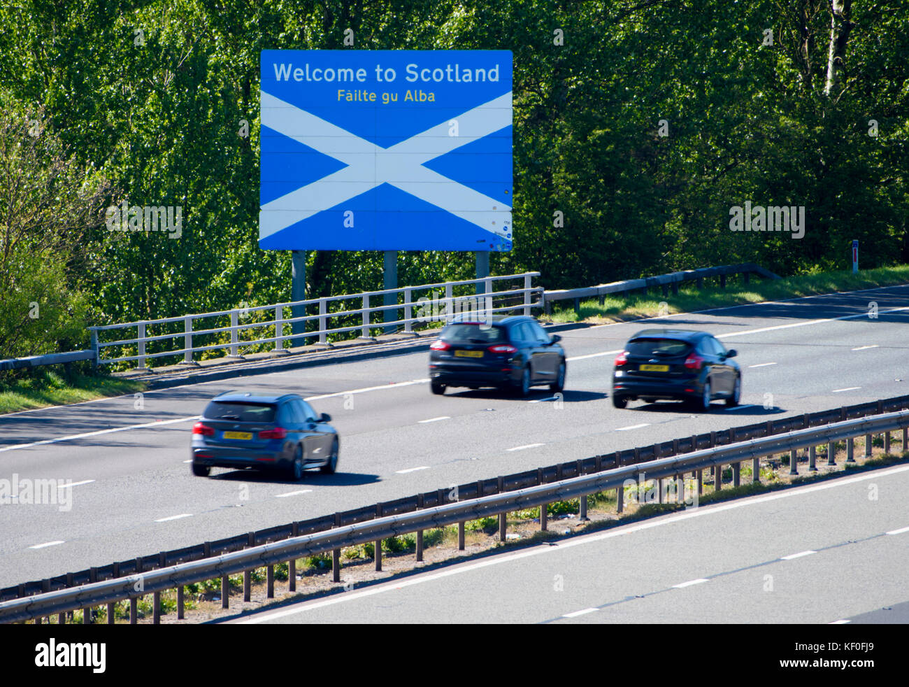 Welcome to Scotland sign where the  M6  meets the A74 M near Gretna Green on the border between England and Scotland. Stock Photo