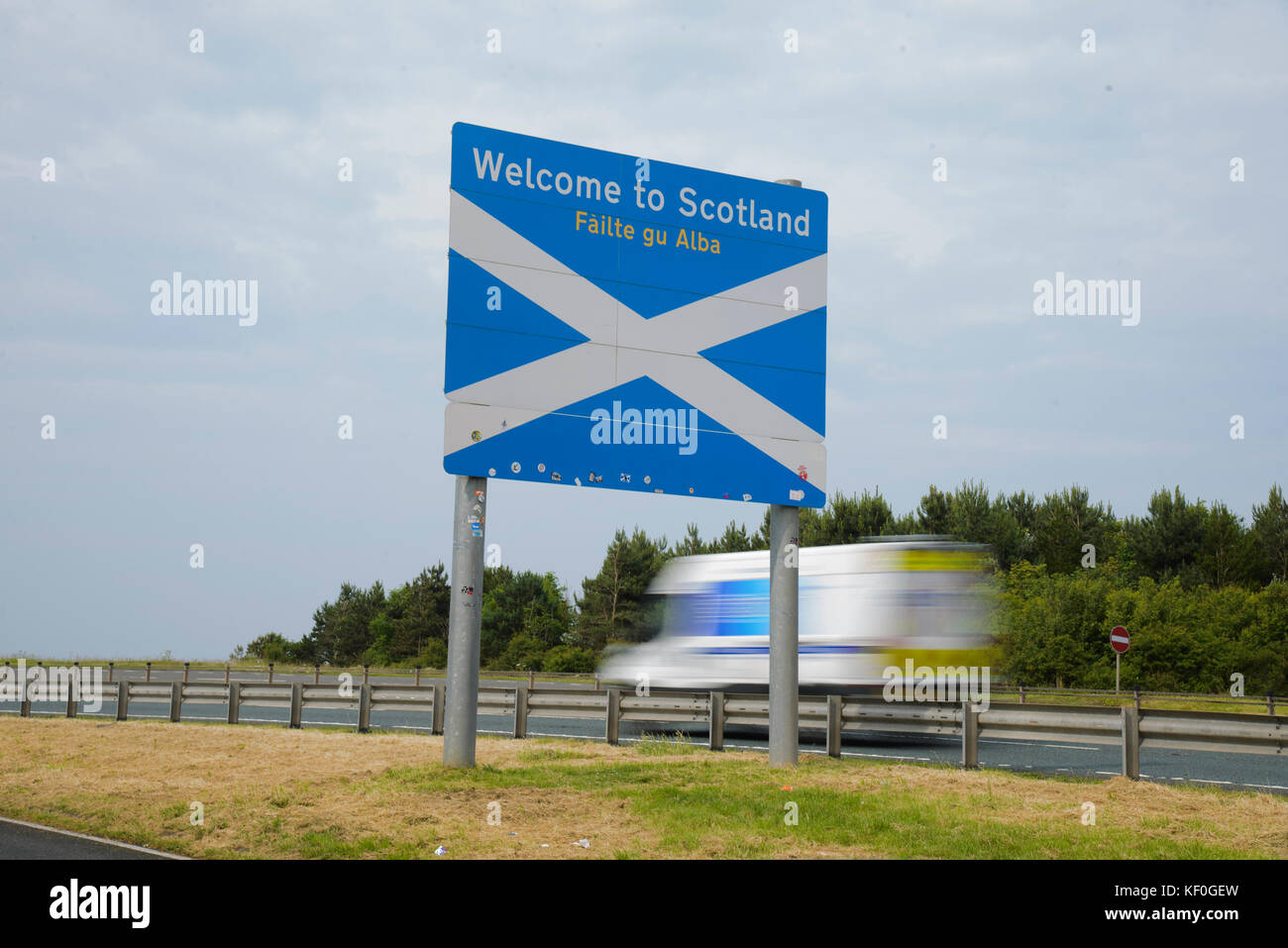 Welcome to Scotland sign on the A1 at the border between England and Scotland. Stock Photo