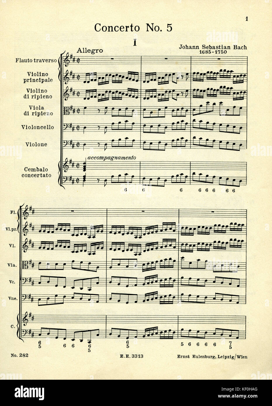 Johann Sebastian Bach 's Brandenburg Concerto No. 5. D  major. Composed circa 1721. First page of printed score. Ernst Eulenburg, Leipzig. n d. German composer & organist, 21 March 1685 - 28 July 1750 Stock Photo