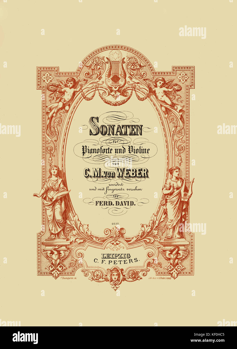 Carl Maria von Weber 's 'Sonaten fur Pianoforte und Violine'. (Sonatas for the piano and violin,  Ferdinand David).  Score cover, published by C. F. Peters, Leipzig, n.d.  German composer and conductor: 18 November 1786 - 5 June 1826. Stock Photo