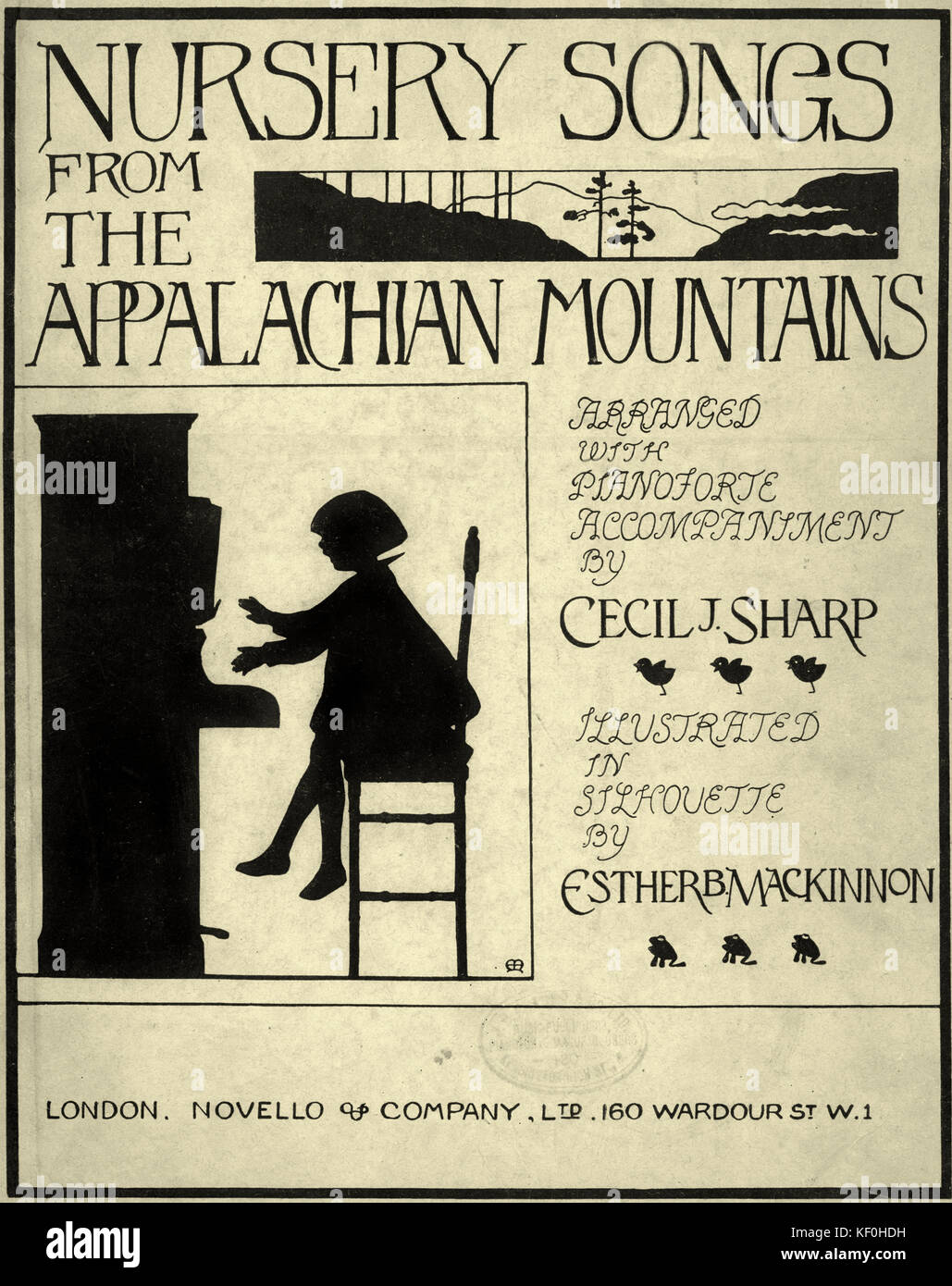 Cecil J. Sharp 's 'Nursery Songs from the Appalachian Mountains', illustrated by Esther Mackinnon (1885–1934). Cover.  Published by Novello & Co., London, 1921. English editor and collector of folksongs, 22 November 1859 - 28 June 1924. Stock Photo