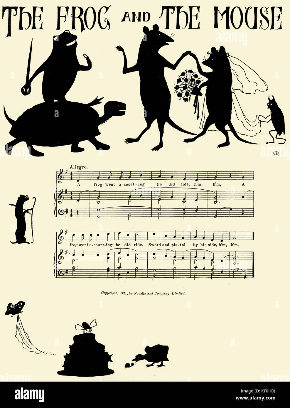 Cecil J. Sharp 's 'The Frog and the Mouse' from 'Nursery Songs from the Appalachian Mountains', illustrated by Esther Mackinnon (1885–1934). Score and silhouette illustrations.  Published by Novello & Co., London, 1921.CJS English editor and collector of folksongs, 22 November 1859 - 28 June 1924. Stock Photo