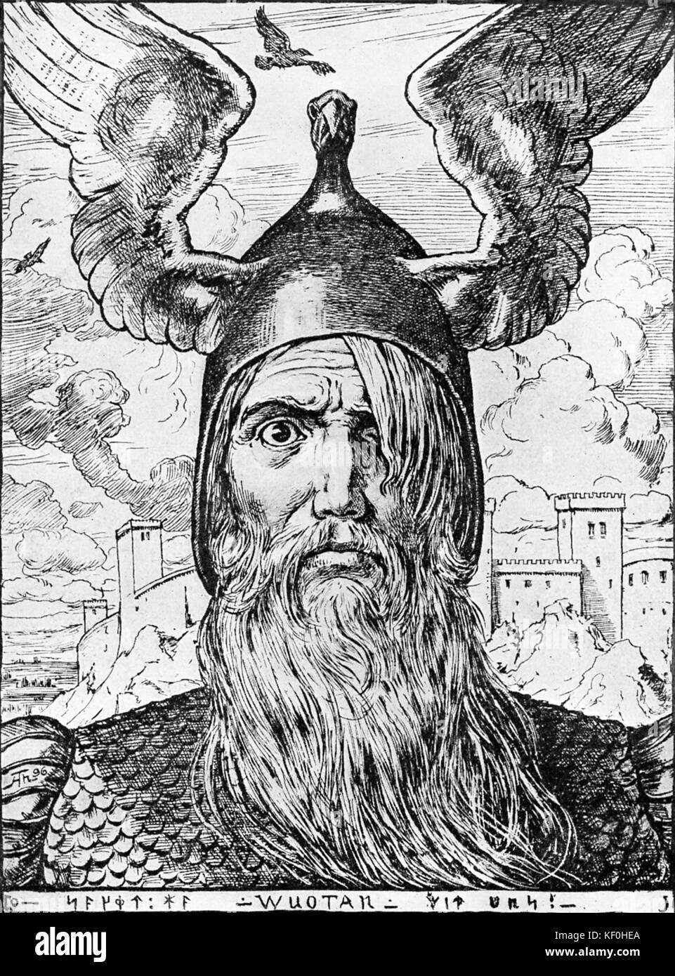 Wotan, king of the  Germanic pagan gods and key character in Richard Wagner 's 'Ring Cycle'. From Breitkopd and Härtel 's 'Zeitgenössischen Kunstblättern'.   RW German composer & author, 22 May 1813 - 13 February 1883. Stock Photo