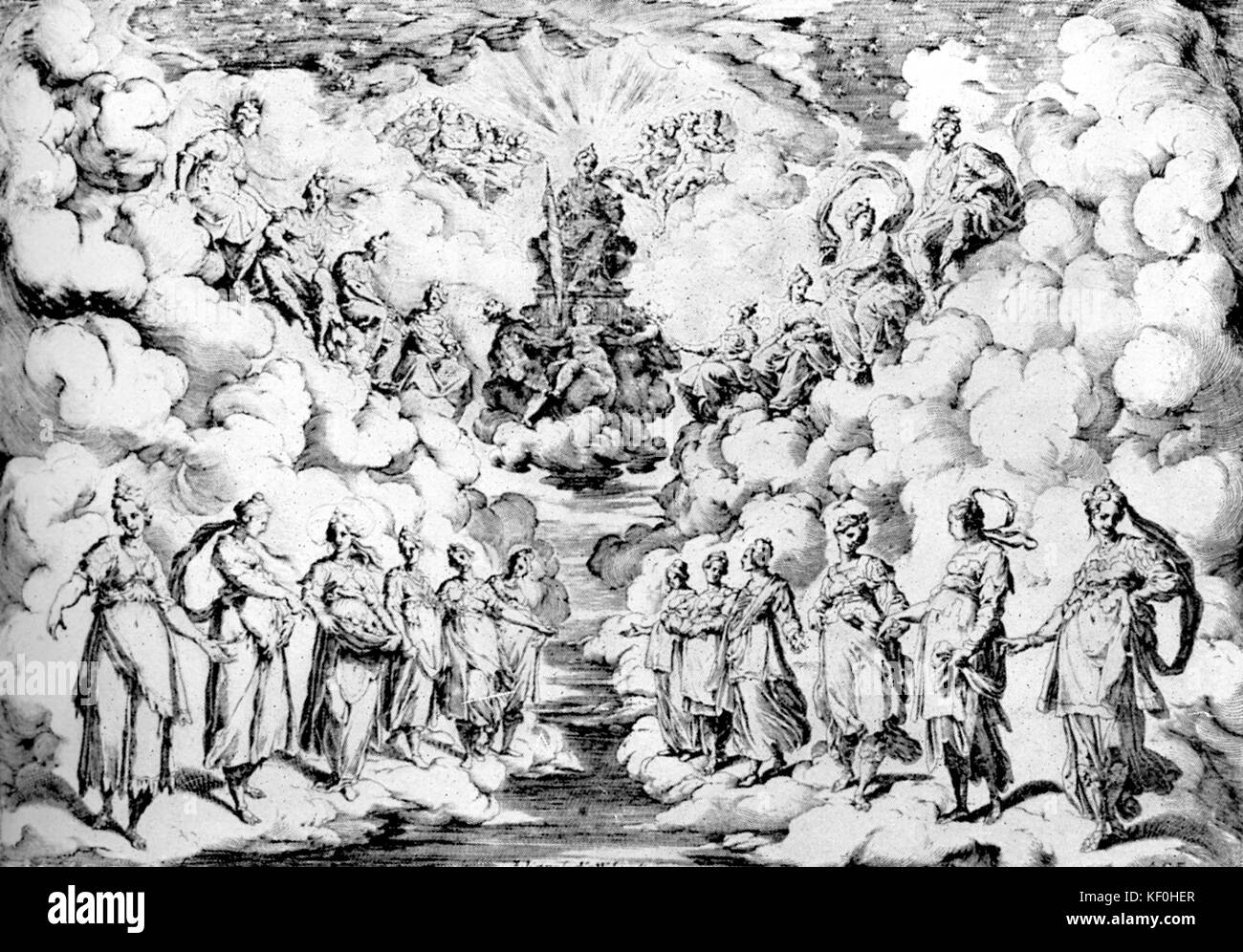 Florentine Intermedi of 1589 - L'armonia della stere. Setting designed by Bernardo Buontalenti for the first intermedio from the 1589 Medici wedding:    Harmony descends to earth (intermedi attempted to recreate what was believed to be the ancient world's integration of music, drama and staging). Stock Photo