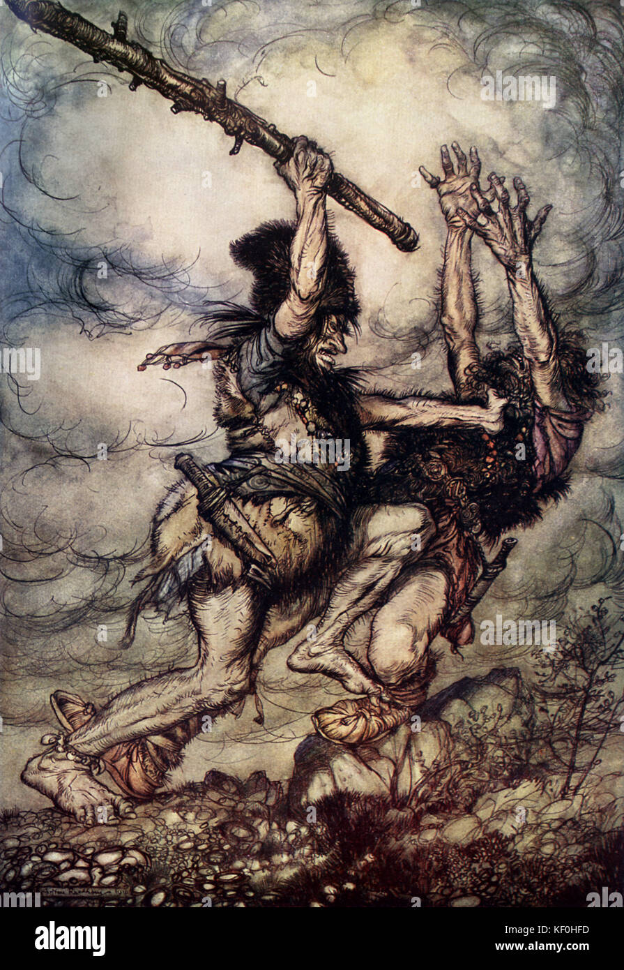 The Rhinegold / Das Rheingold by Richard Wagner. The giant Fafner murders  his brother Fasolt. Illustration by Arthur Rackham 1867 - 1939. Caption:  'Fafner kills Fasolt' Scene 4. From 'The Ring Cycle' / '