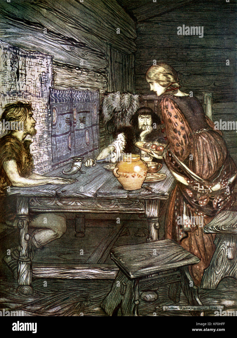 The Valkyrie / Das Walküre by Richard Wagner. Hunding and his wife Sieglinde offer hospitality to Siegmund, Sieglinde 's lost twin brother and son of Wotan.  Illustration by Arthur Rackham 1867 - 1939.  Caption:  'Hunding discovers the likeness between Siegmund and Sieglinde' Act 1.  From 'The Ring Cycle' / 'Der Ring des Nibelungen'.  RW German composer & author, 22 May 1813 - 13 February 1883. Stock Photo