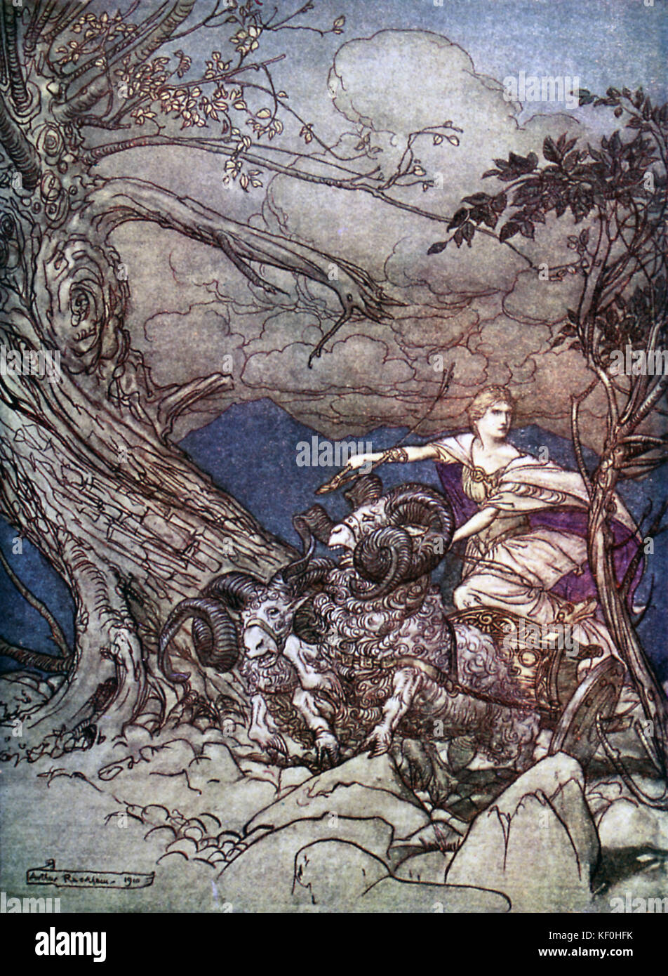 The Valkyrie / Das Walküre by Richard Wagner. Fricka, the West Germanic goddess of marriage, rides in a chariot pulled by rams.  Illustration by Arthur Rackham 1867 - 1939.  Caption:  'Fricka approaches in anger' Act 2.  From 'The Ring Cycle' / 'Der Ring des Nibelungen'.  RW German composer & author, 22 May 1813 - 13 February 1883. Stock Photo
