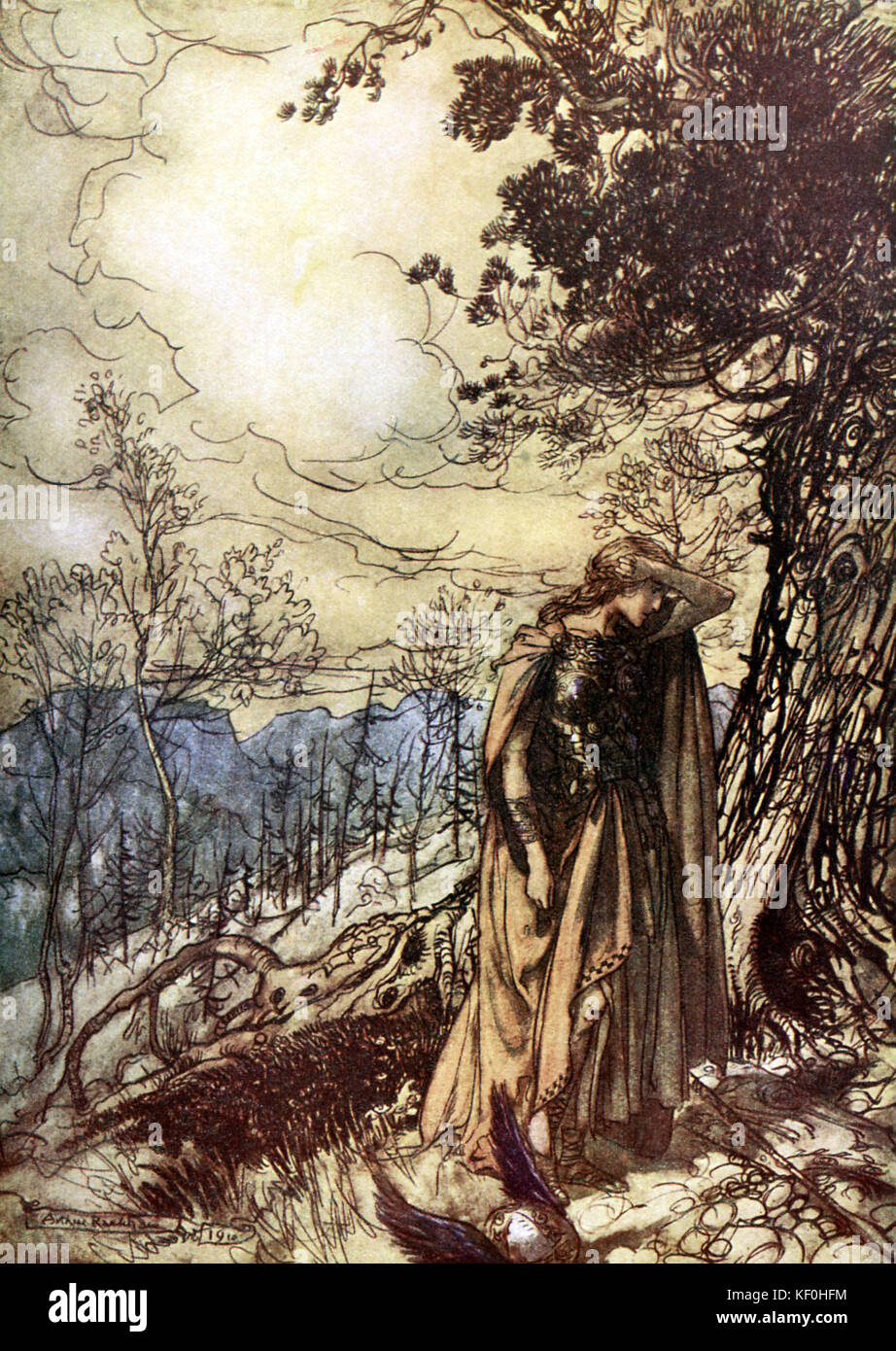 The Valkyrie / Das Walküre by Richard Wagner. The valkyrie Brünnhilde is depressed following a conversation with Wotan, king of the gods.  Illustration by Arthur Rackham 1867 - 1939.  Caption:  'Brünnhilde stands for a long time dazed and alarmed' Act 2.  From 'The Ring Cycle' / 'Der Ring des Nibelungen'.  RW German composer & author, 22 May 1813 - 13 February 1883. Stock Photo