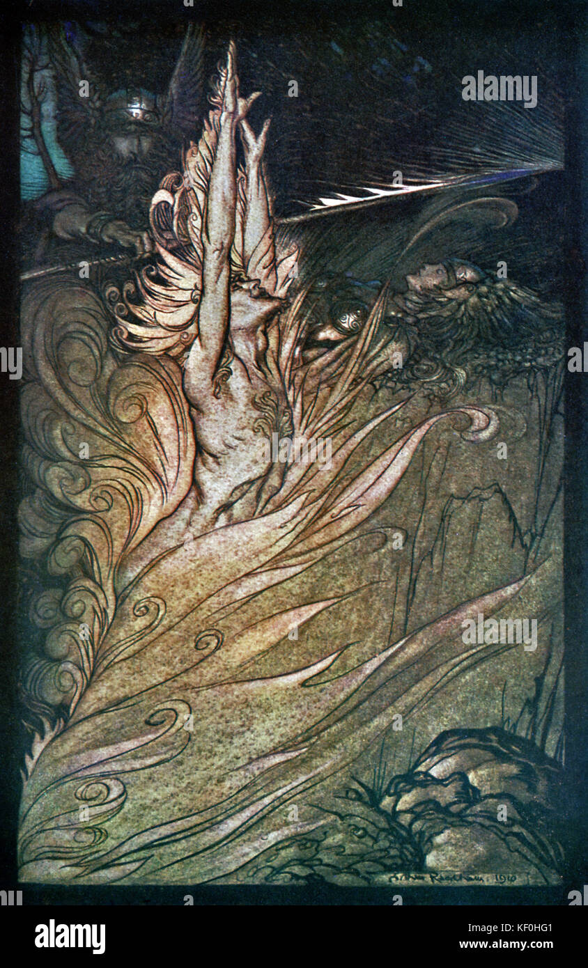 The Valkyrie / Das Walküre by Richard Wagner. Wotan, king of the West Germanic pantheon of gods, brings forth Loge, demi-god of fire.  Illustration by Arthur Rackham 1867 - 1939.  Caption:  'Wotan: Appear, flickering fire, encircle the rock with thy flame! Loge! Loge! Appear!' Act 3.  From 'The Ring Cycle' / 'Der Ring des Nibelungen'.  RW German composer & author, 22 May 1813 - 13 February 1883. Stock Photo