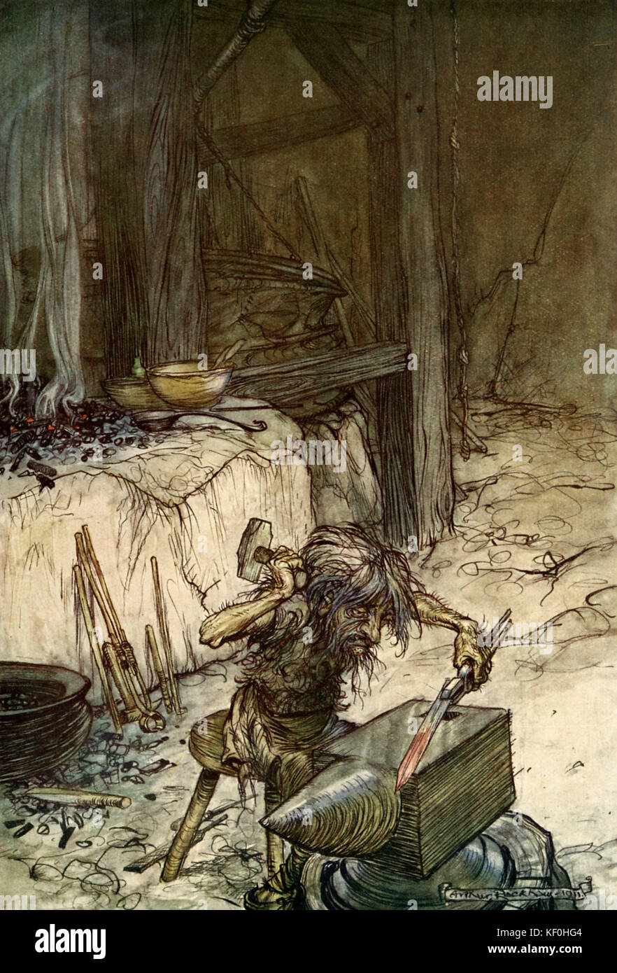 Siegfried by Richard Wagner. The dwarf Mime forges a sword.  Illustration by Arthur Rackham 1867 - 1939.  Caption:  'Mime at the anvil' Act 1.  From 'The Ring Cycle' / 'Der Ring des Nibelungen'.  RW German composer & author, 22 May 1813 - 13 February 1883. Stock Photo