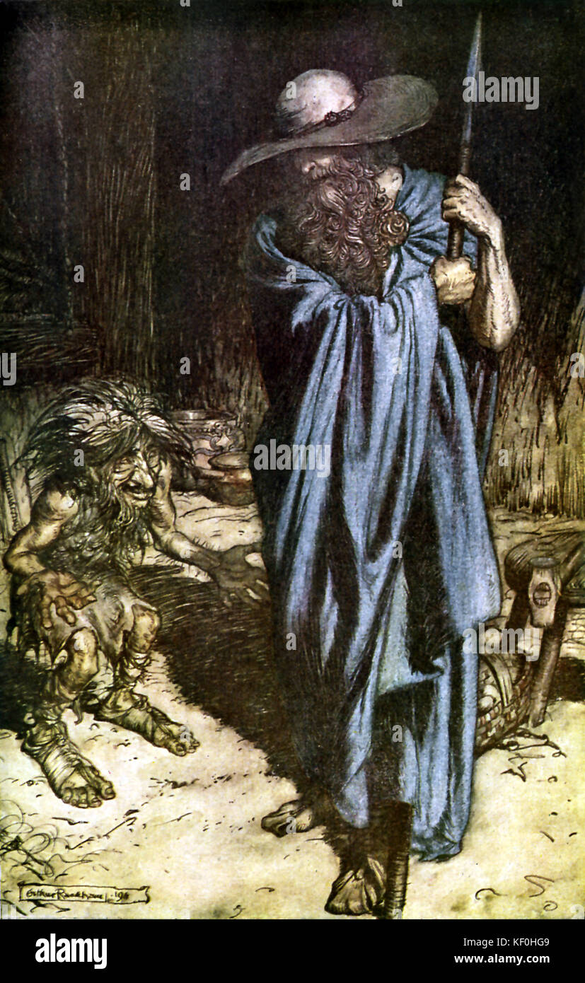Siegfried by Richard Wagner.A disguised Wotan, king of the West Germanic pantheon of gods, makes a prophecy that Nothung shall be forged by a hero to the dwarf Mime.  Illustration by Arthur Rackham 1867 - 1939.  Caption:  'Mime and the wanderer' Act 1.  From 'The Ring Cycle' / 'Der Ring des Nibelungen'.  RW German composer & author, 22 May 1813 - 13 February 1883. Stock Photo