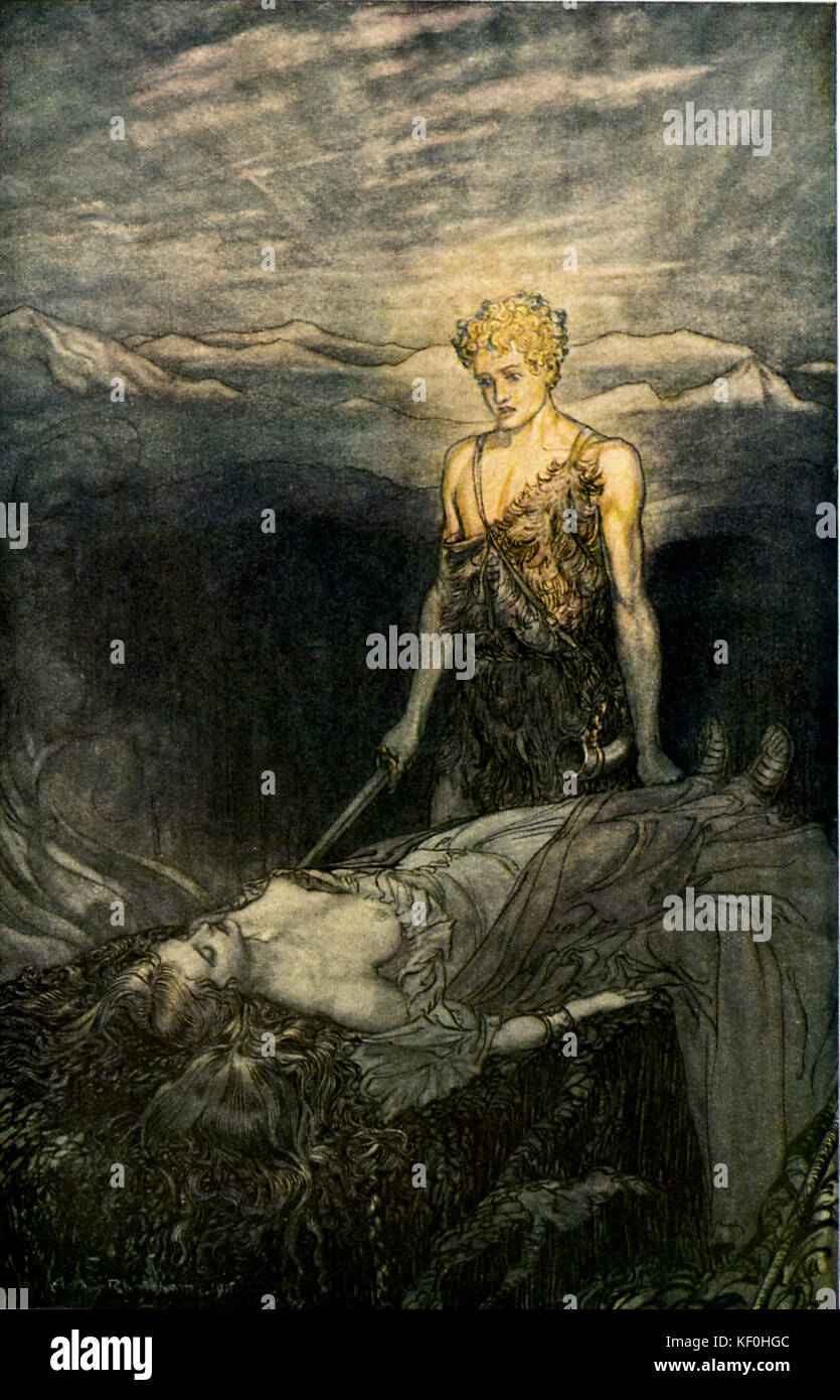 Siegfried by Richard Wagner. Siegfried comes across the sleeping valkyrie Brünnhilde.  Illustration by Arthur Rackham 1867 - 1939.  Caption:  'Magical rapture pierces my heart; fixed is my gaze burning with terror; I reel, my heart faints and fails' Act 3.  From 'The Ring Cycle' / 'Der Ring des Nibelungen'.  RW German composer & author, 22 May 1813 - 13 February 1883. Stock Photo