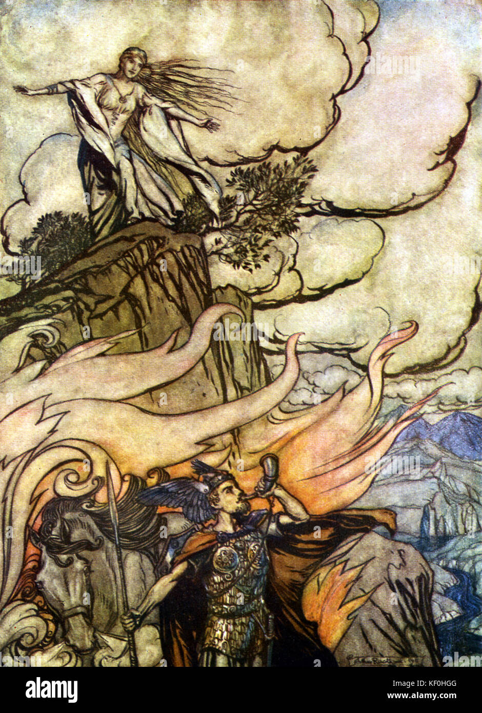 The Twilight of the Gods / Göttterdämmerung by Richard Wagner. Siegfried departs in search of adventure having given Brünnhilde the Ring.  Illustration by Arthur Rackham 1867 - 1939.  Caption:  'Siegfried leaves Brünnhilde in search of adventure' Prelude.  From 'The Ring Cycle' / 'Der Ring des Nibelungen'.  RW German composer & author, 22 May 1813 - 13 February 1883. Stock Photo