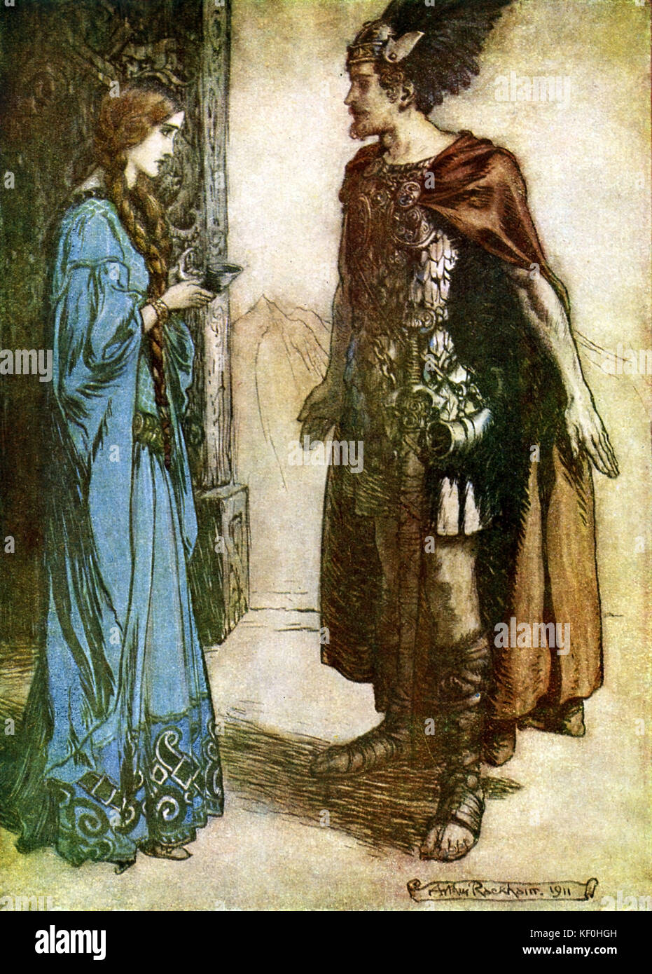The Twilight of the Gods / Göttterdämmerung by Richard Wagner. Siegfried is drugged by Gutrune causing him to forget Brünnhilde and the Ring.  Illustration by Arthur Rackham 1867 - 1939.  Caption:  'Siegfried hands the drinking-horn back to Gutrune and gazes at her with sudden passion' Act 1.  From 'The Ring Cycle' / 'Der Ring des Nibelungen'.  RW German composer & author, 22 May 1813 - 13 February 1883. Stock Photo