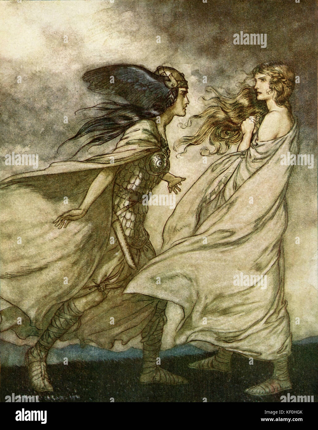 The Twilight of the Gods / Göttterdämmerung by Richard Wagner. Brünnhilde 's sister, Waltraute, urges her to return the Ring to the Rhine maidens.  Illustration by Arthur Rackham 1867 - 1939.  Caption:  'The ring upon thy hand - … ah, be implored! For Wotan fling it away!' Act 1.  From 'The Ring Cycle' / 'Der Ring des Nibelungen'.  RW German composer & author, 22 May 1813 - 13 February 1883. Stock Photo