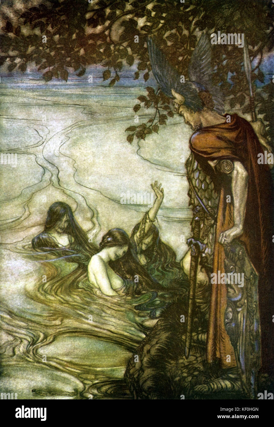 The Twilight of the Gods / Göttterdämmerung by Richard Wagner. The Rhine maidens plead with Siegfried to return the Ring to them.  Illustration by Arthur Rackham 1867 - 1939.  Caption:  'Though gaily ye may laugh, in grief ye shall be left, for, mocking maids, this ring ye ask shall never be yours' Act 3.  From 'The Ring Cycle' / 'Der Ring des Nibelungen'.  RW German composer & author, 22 May 1813 - 13 February 1883. Stock Photo