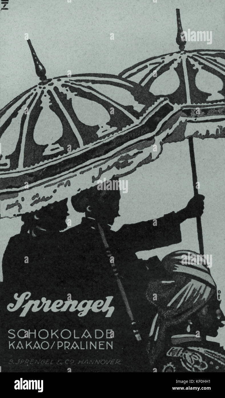 Advertisement for Sprengel chocolate. Silhouette of two men under parasols with a turbanned man in the foreground.  Sprengel chocolate, a Hannover chocolate producer.   From 'Offizieller Bayreuther Festspielführer', 1924. Stock Photo