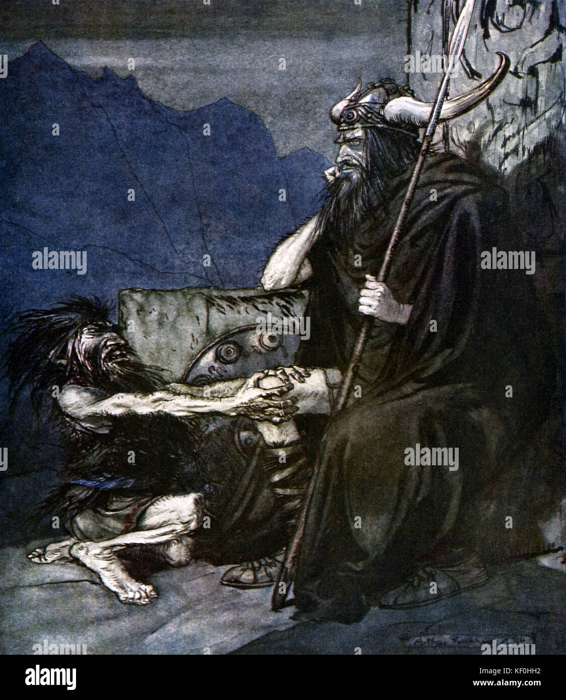 The Twilight of the Gods / Götterdämmerung by Richard Wagner.  Alberich, king of the race of Nibelungen, begs his son Hagen to avenge his slight by Wotan, king of the West Germanic pantheon of gods, and the Wälsung, Wotan 's children. Illustration by Arthur Rackham 1867 - 1939. Caption: 'Swear to me, Hagen, my son!' Act 2. 'Schwörst du mir's, Hagen, mein Sohn?' From 'The Ring Cycle' / 'Der Ring des Nibelungen'. RW German composer & author, 22 May 1813 - 13 February 1883. Stock Photo