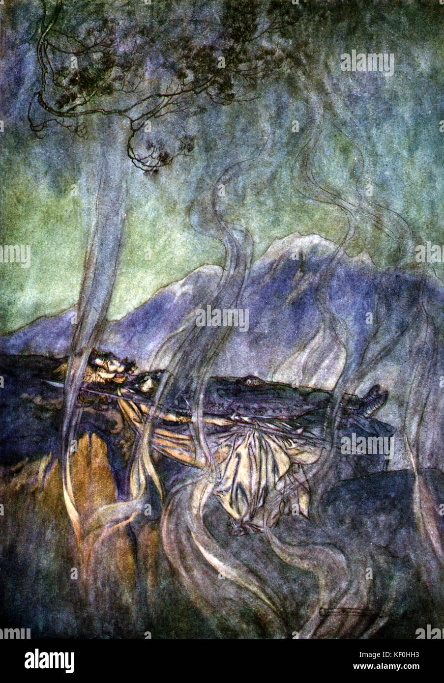 The Valkyrie / Die Walküre by Richard Wagner. Brünnhilde 's is laid to her enchanted sleep by Wotan, king of the West Germanic pantheon of gods.  Illustration by Arthur Rackham 1867 - 1939.  Caption:  'The sleep of Brünnhilde' Act 3.  From 'The Ring Cycle' / 'Der Ring des Nibelungen'.  RW German composer & author, 22 May 1813 - 13 February 1883. Stock Photo