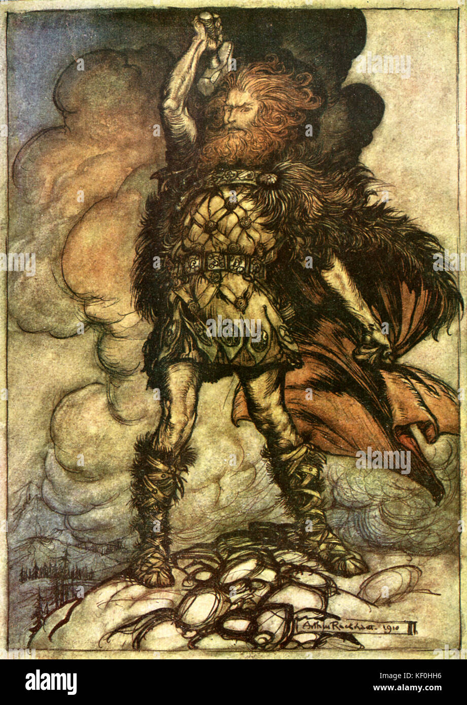 The Rhinegold / Das Rheingold by Richard Wagner. Donner, West Germanic god of thunder, summons a storm with his hammer.  Illustration by Arthur Rackham 1867 - 1939.  Caption:  'To my hammer's swing hitherward sweep vapours and fogs! Hovering mists! Donner, your lord, summons his hosts' Scene 4.  From 'The Ring Cycle' / 'Der Ring des Nibelungen'.  RW German composer & author, 22 May 1813 - 13 February 1883. Stock Photo