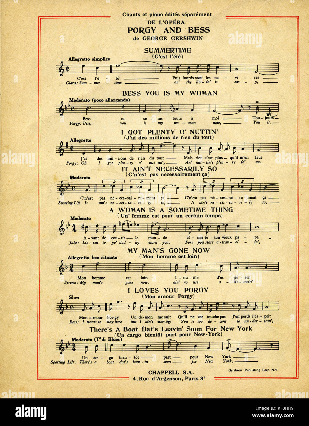 Porgy and Bess, first lines of well known songs, scores and lyrics in French and English.  Includes Summertime, Bess You is My Woman, I got Plenty O' Nuttin' and I Loves You Porgy. Music by George Gershwin, libretto by DuBose Heyward.  Based on the film directed by Otto Preminger. GG, American composer & pianist, 26th September 1898 - 11th July 1937. Stock Photo