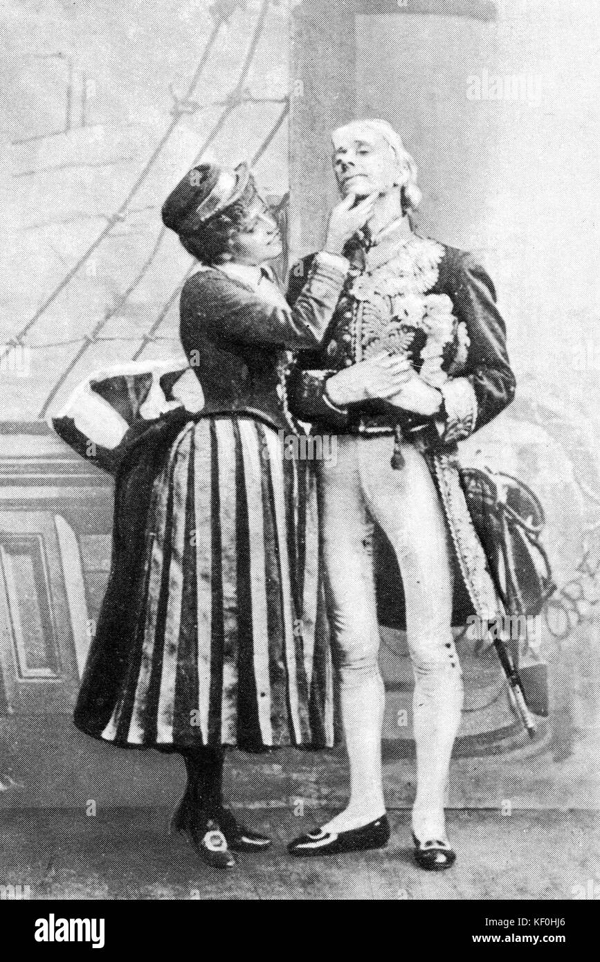 H.M.S. Pinafore - Jessie Bond as Hebe and George Grossmith as Sir Joseph Porter in the first production of Gilbert & Sullivan 's comic opera. Arthur Sullivan: English composer, 13 May 1842 – 22 November 1900. W. S. Gilbert: English dramatist, librettist, poet and illustrator, 18 November 1836 – 29 May 1911. Stock Photo