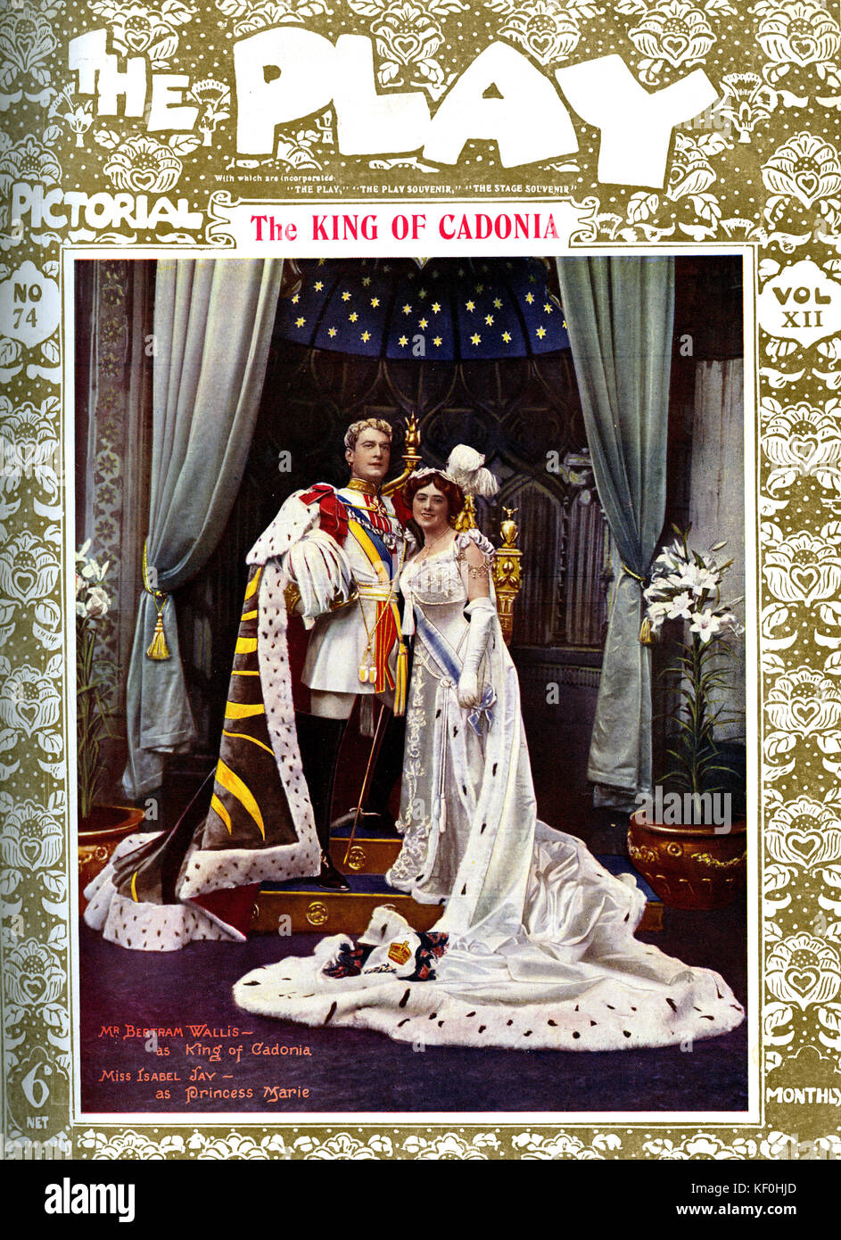 'The King of Cadonia' by Frederick Lonsdale, with Bertram Wallis as King of Cadonia and Isabel Jay as Princess Marie. A London production at the Prince of Wales Theatre, 3 September 1908. Cover of Play Pictorial, 1908. BW,  22 February 1874 - 11 April 1952. IJ,  17 October 1879 –  26 February 1927. Stock Photo