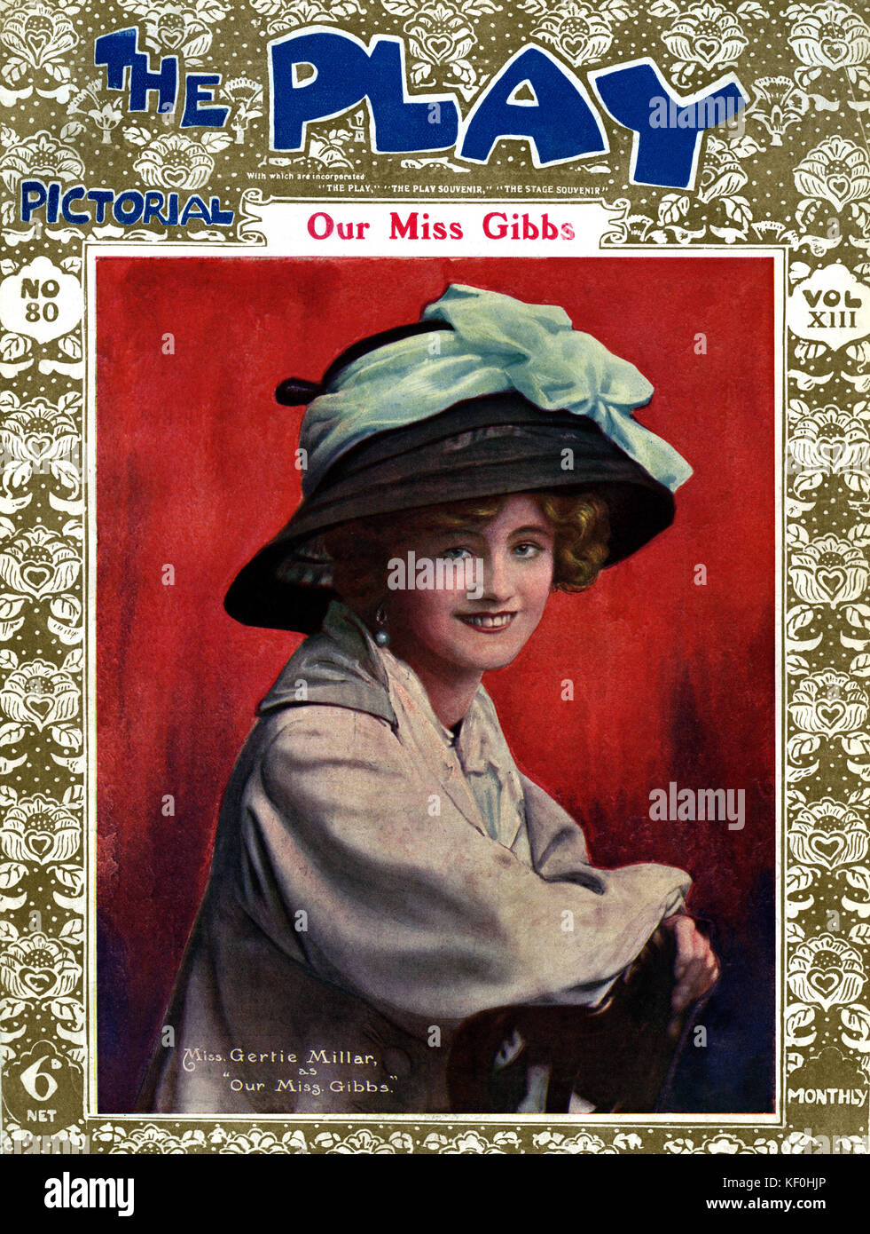 'Our Miss Gibbs' by Adrian Ross, Percy Greenbank, Ivan Caryll and Lionel Monckton. With Gertie Miller in title role (1879-1952), at the Gaiety Theatre, London, 23 January 1909. Cover of Play Pictorial, 1909. Stock Photo