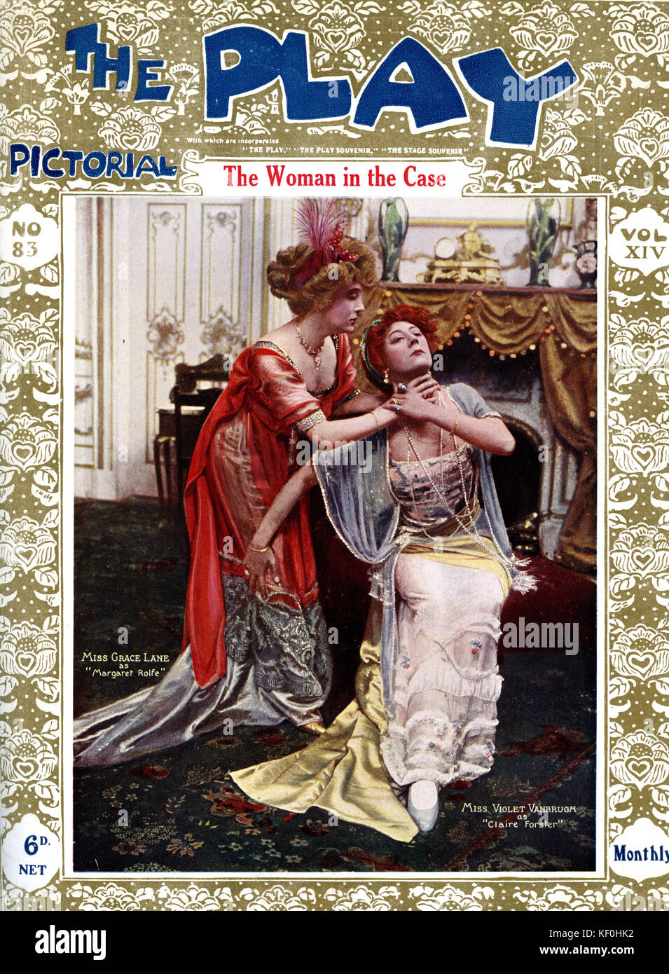 'The Woman in the Case' by Clyde Fitch, with Grace Lane as Margaret Rolfe (1876 - 1956) and Violet Vanbrugh as Claire Foster almost strangling Claire Forster in the final denoument (11 June 1867 - 10 November 1942), at the Garrick Theatre, London, 1909. Cover of Play Pictorial, 1909. Stock Photo