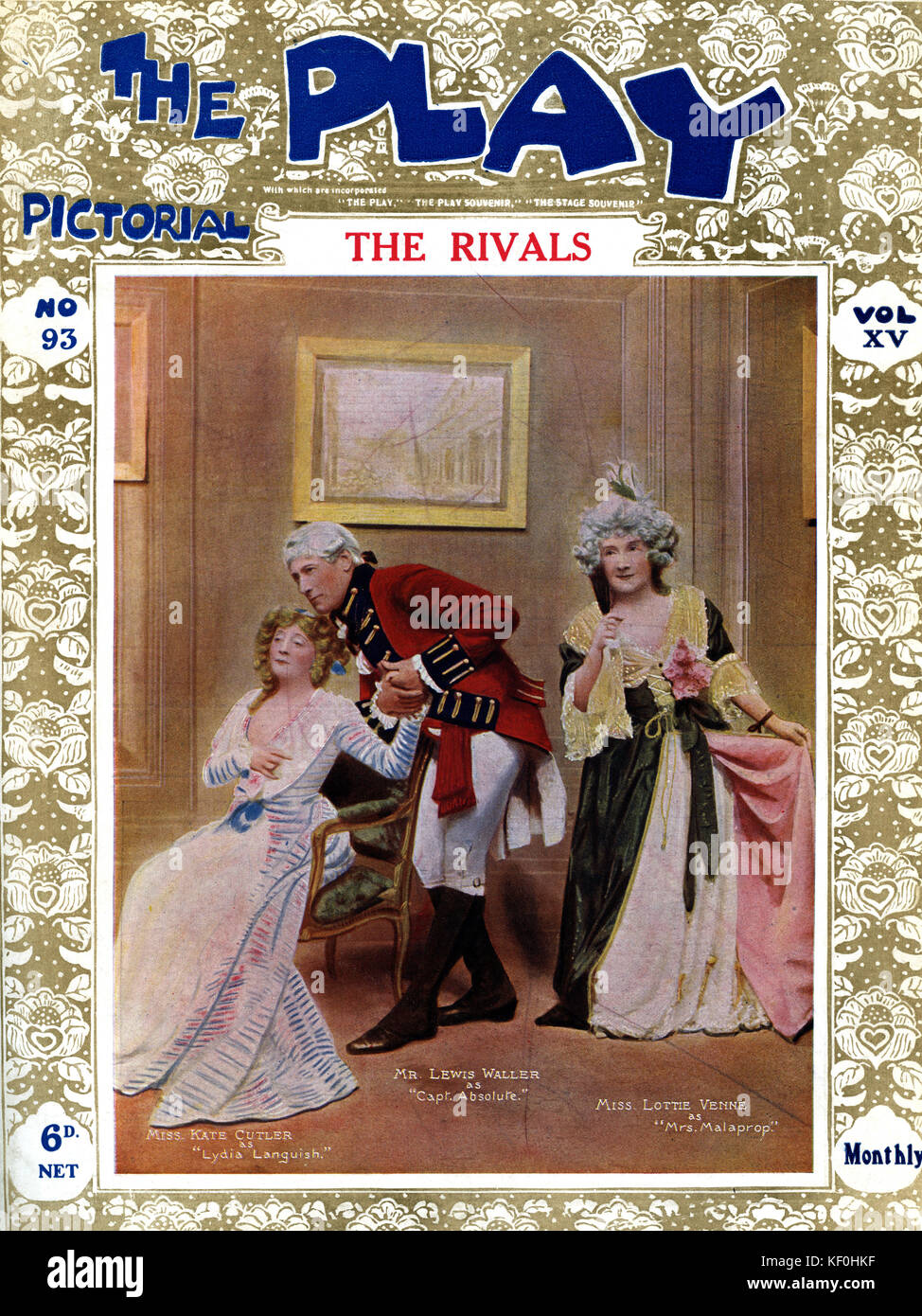 'The Rivals' by Richard Brinsley Sheridan, with Kate Cutler as Lydia Languish (14 August 1864 – 14 May 1955), Lewis Waller as Captain Absolute (3 November 1860 - 1 November 1915) and Lottie Venne as Mrs Malaprop (28 May 1852 – 16 July 1928). London theatre. Cover of Play Pictorial, 1910. Stock Photo