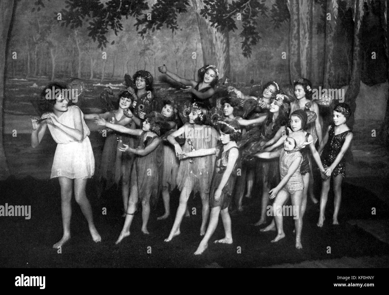 'Where the Rainbow Ends' by Clifford Mills and John Ramsey. 'Come with me into the woods, come and join our fairy ring.' A London production at the Holborn Empire Theatre, 1932. Stock Photo