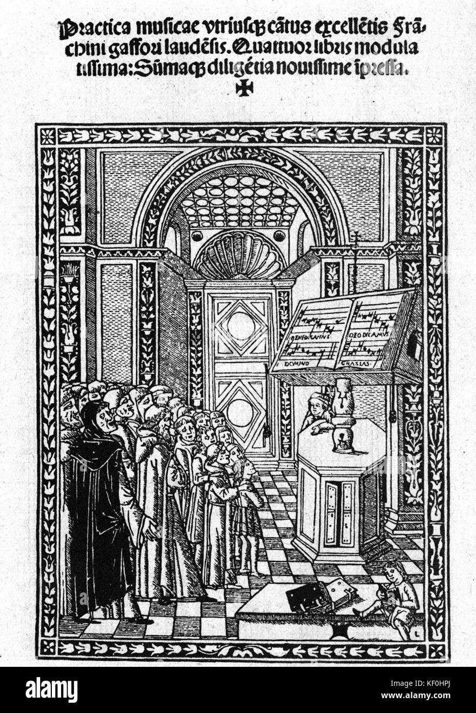 Frontispiece to 'Practica musicae' by di Gaffurio, published Venice 1512.  A chapel choir sings from sheet music on a lectern.  Franchini di Gaffurio Italian music theorist and composer 14 January 1451 - 25 June 1522. Stock Photo