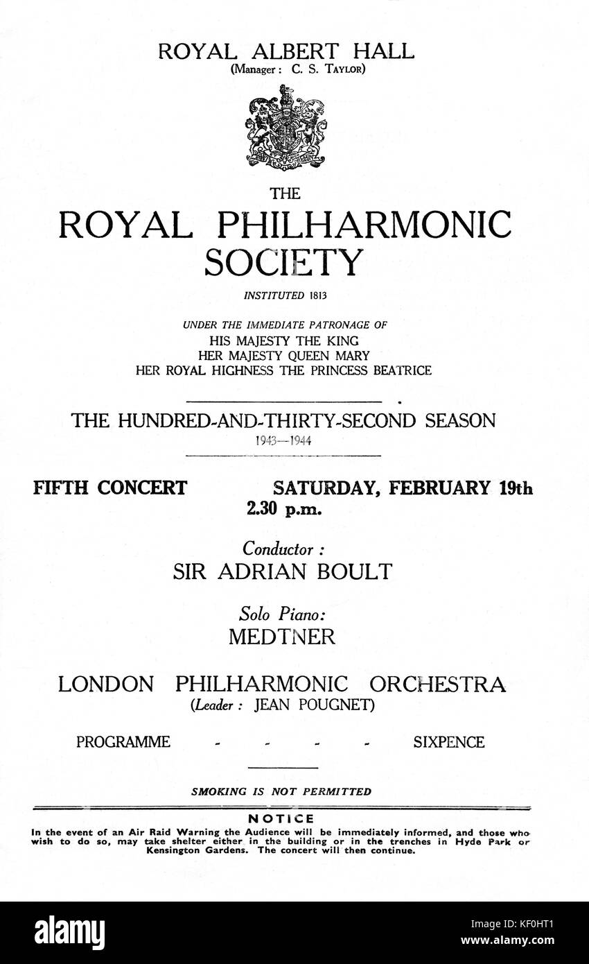 Programme for the 'Royal Philharmonic Society 's' hundred and thirty second season, 1943 - 1944.  Fifth concert 19 February, conducted by Sir Adrian Boult, English conductor 8 April 1889 - 22 February 1983. Medtner premier of his Concerto no 3 (Ballade) for Piano and Orchestra  Opus 60. Stock Photo