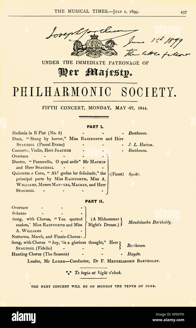 Programme for 27 May, 1844 signed by Joseph Joachim, on  1 June 1899. Fifth concert of the Philharmonic Society, 27 May 1844 with Joachim's first performance aged 13 in London, Hanover Square. JJ, Hungarian violinist, composer and conductor, 28 June 1831 - 15 August 1907. Stock Photo