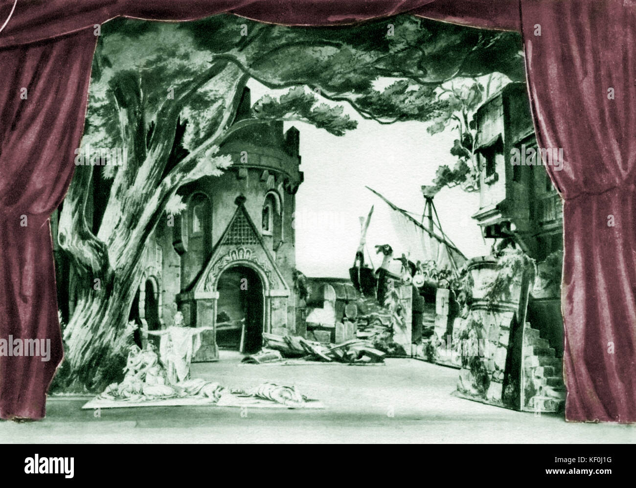 Richard Wagner 's Tristan und Isolde. Set design by Angelo Quaglio for the world premiere of the opera at the Münich Opera. RW: German composer & author, 22 May 1813 - 13 February 1883. AQ: Italian architect and designer, 1784-1815. Tinted version. Stock Photo