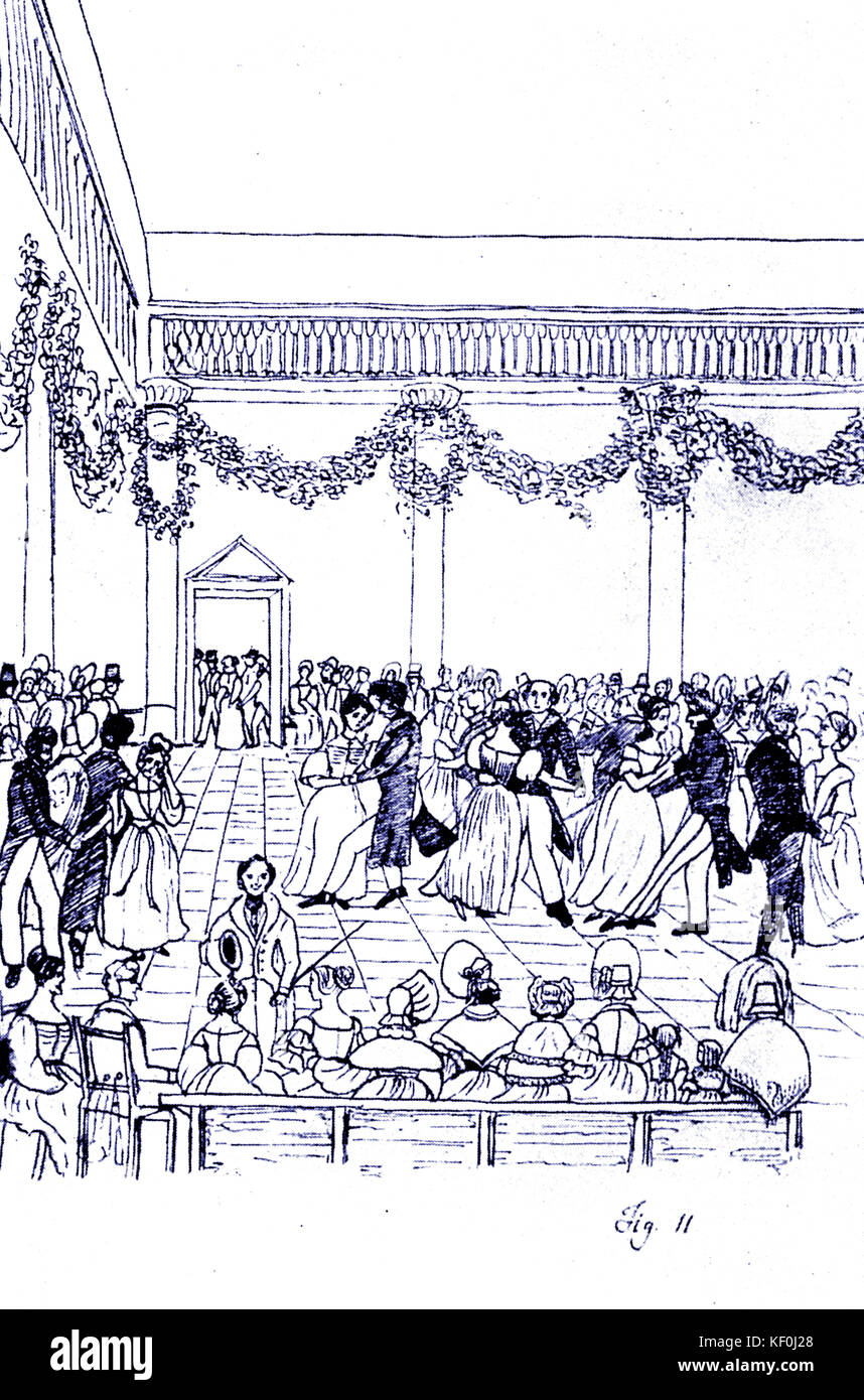 Mendelssohn's drawing of'Dance at the Kreutznach Casino' drawn during his honeymoon with Cecile.German composer, 3 February 1809 - 4 November 1847. Tinted version. Stock Photo