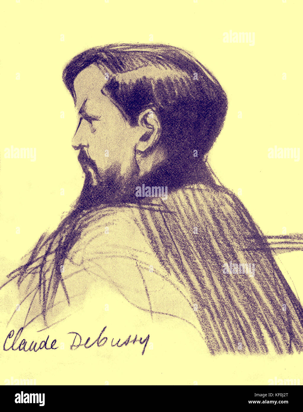 Claude Debussy - line drawing portrait by Henry Detouche, early 20th century. CD: French composer, 22 August 1862 - 25 March 1918. Tinted version. Stock Photo