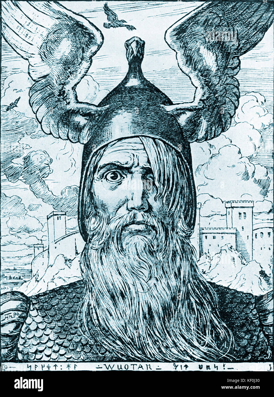 Wotan, king of the Germanic pagan gods and key character in Richard Wagner 's 'Ring Cycle'. From Breitkopd and Härtel 's 'Zeitgenössischen Kunstblättern'.  RW German composer & author, 22 May 1813 - 13 February 1883. Tinted version. Stock Photo